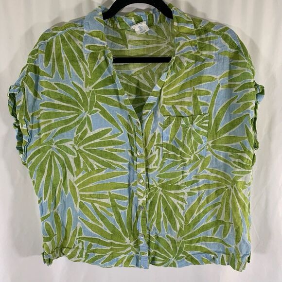 Sigrid Olsen 100% Linen Blouse Women's Large Green Blue Floral Button Up Short S - Picture 1 of 7